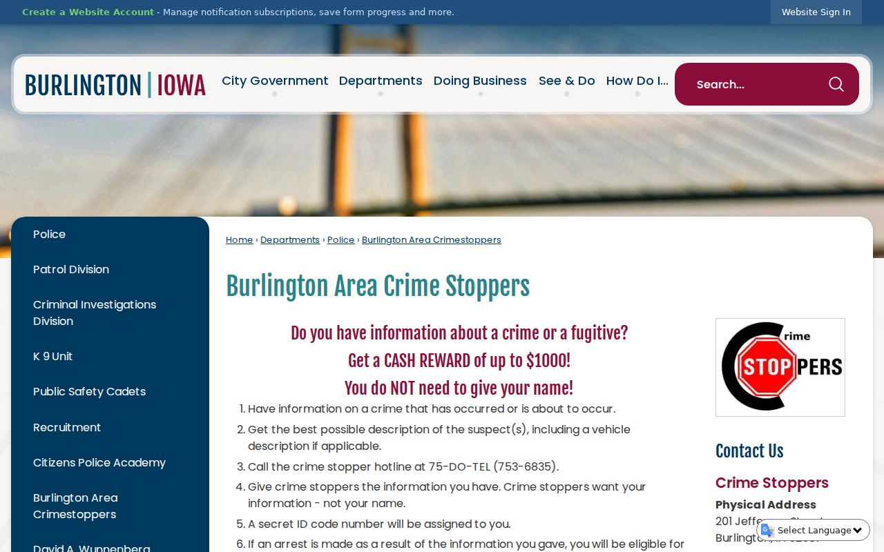 Burlington warrant search Crime Stoppers tip route